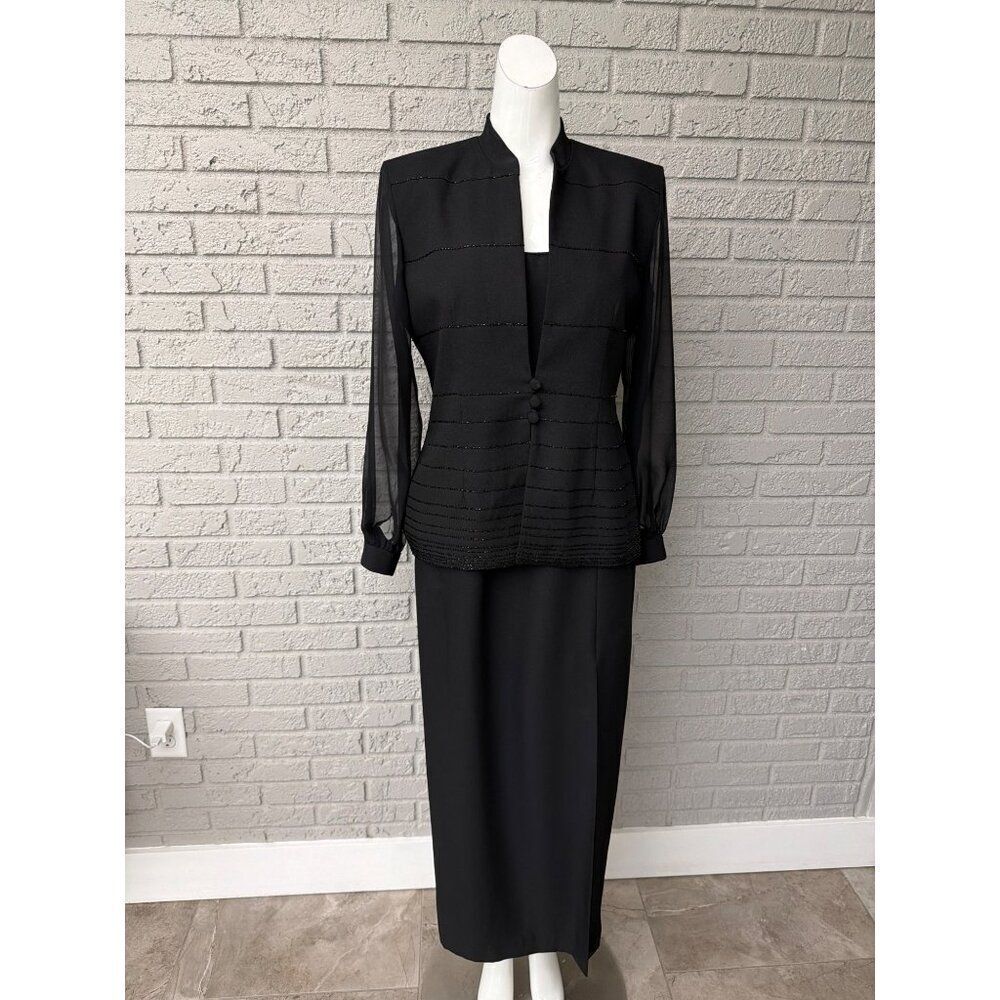 J. R. Nites Women’s 2PC Black Beaded Formal Maxi Dress and Jacket Size 8P